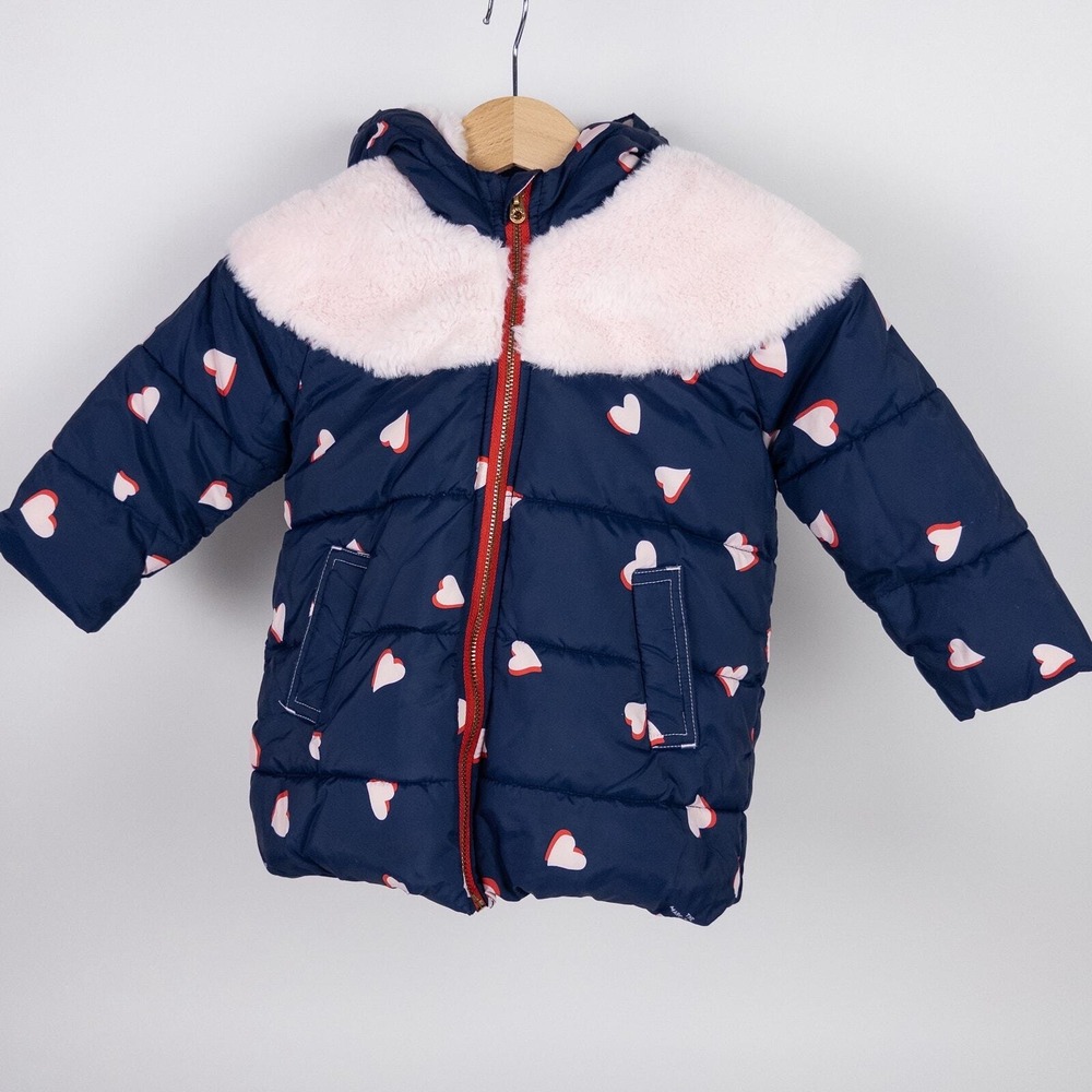 The Marc Jacobs Heart Printed Hooded Puffer Coat Navy Blue Pink‎ Size 18 months